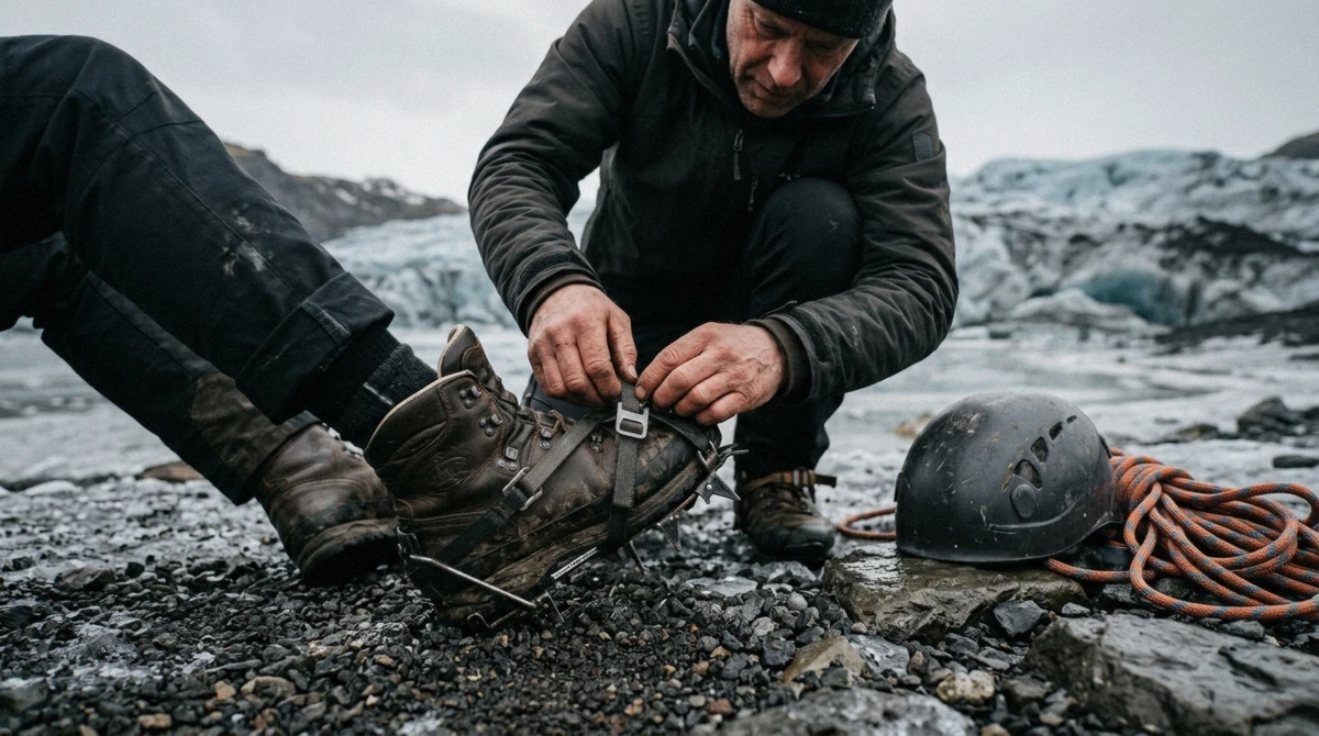 Crampons being strapped to a waterproof hiking boot, the footwear needed for an ice cave tour in Iceland