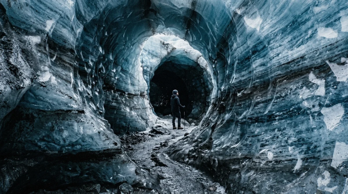 Banded blue walls inside the Crystal ice cave on Breiðamerkurjökull, reached by super jeep from Jökulsárlón glacier lagoon