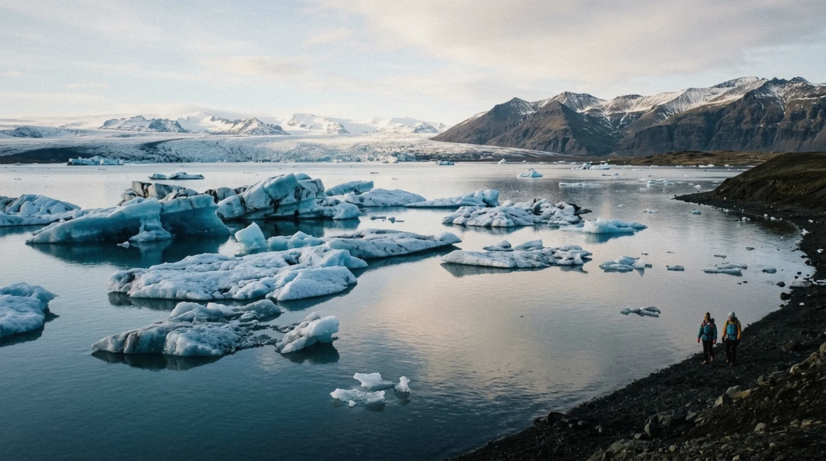 Icebergs on Jökulsárlón lagoon below the snout of Breiðamerkurjökull, the glacier walked on the hikes from Jökulsárlón