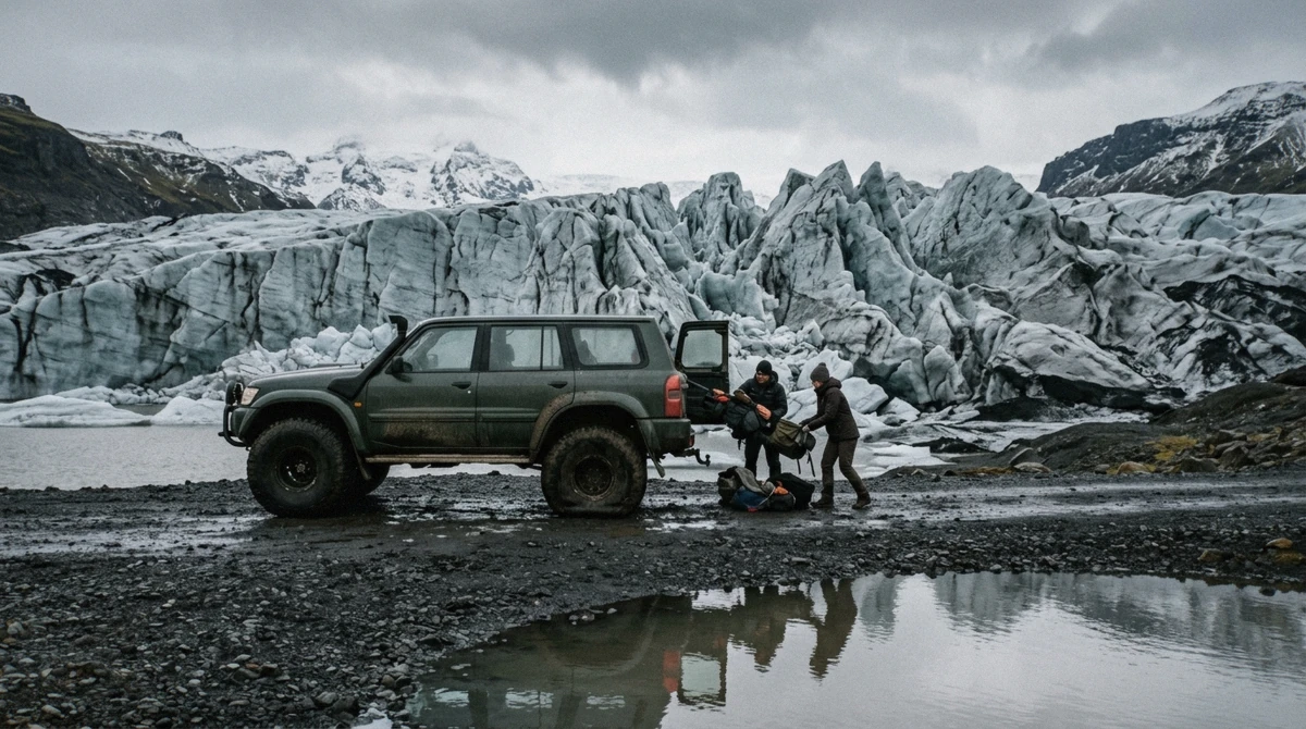 A modified super jeep parked below Breiðamerkurjökull glacier on a Crystal ice cave super jeep tour from Jökulsárlón, southeast Iceland